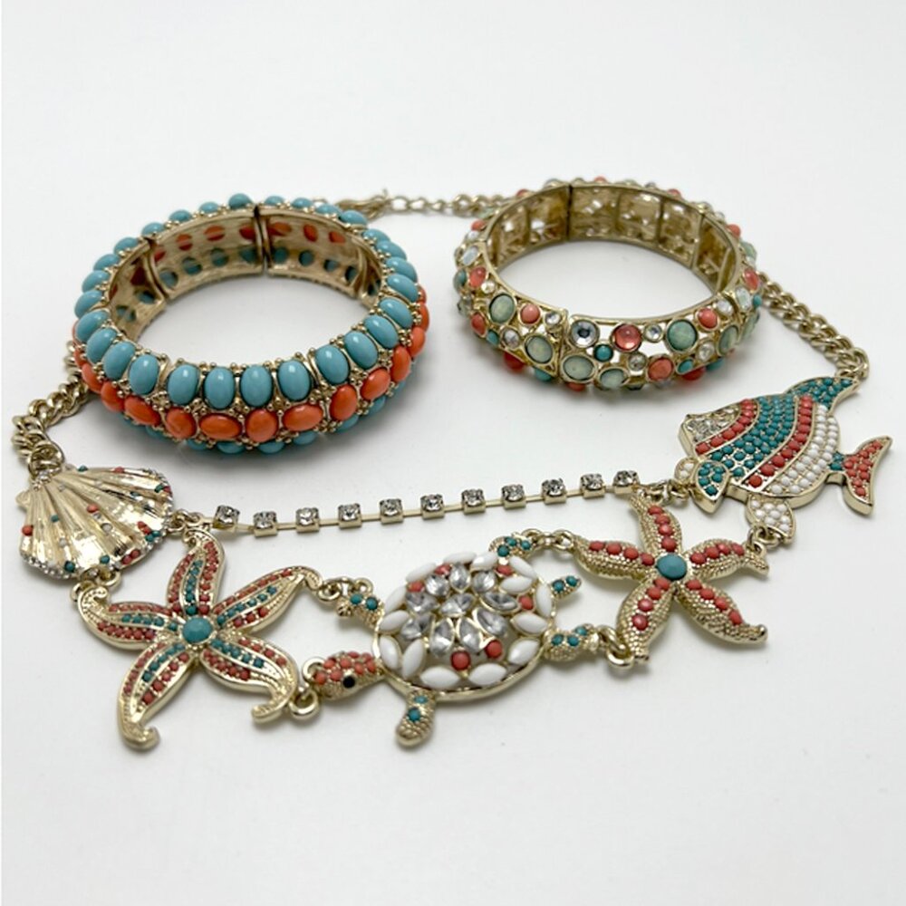 Necklace and Two Bracelets Coral Teal White Costume Jewelry